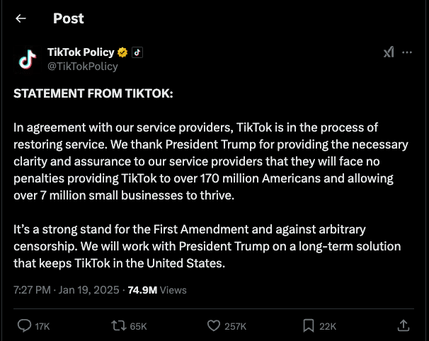 Statement From TikTok X